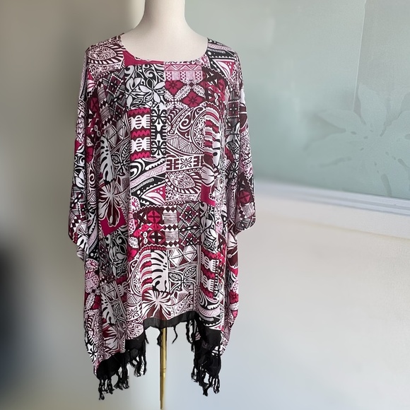 0070/ Red Black Colorful Poncho With Fringe , Loose Top - Picture 11 of 11